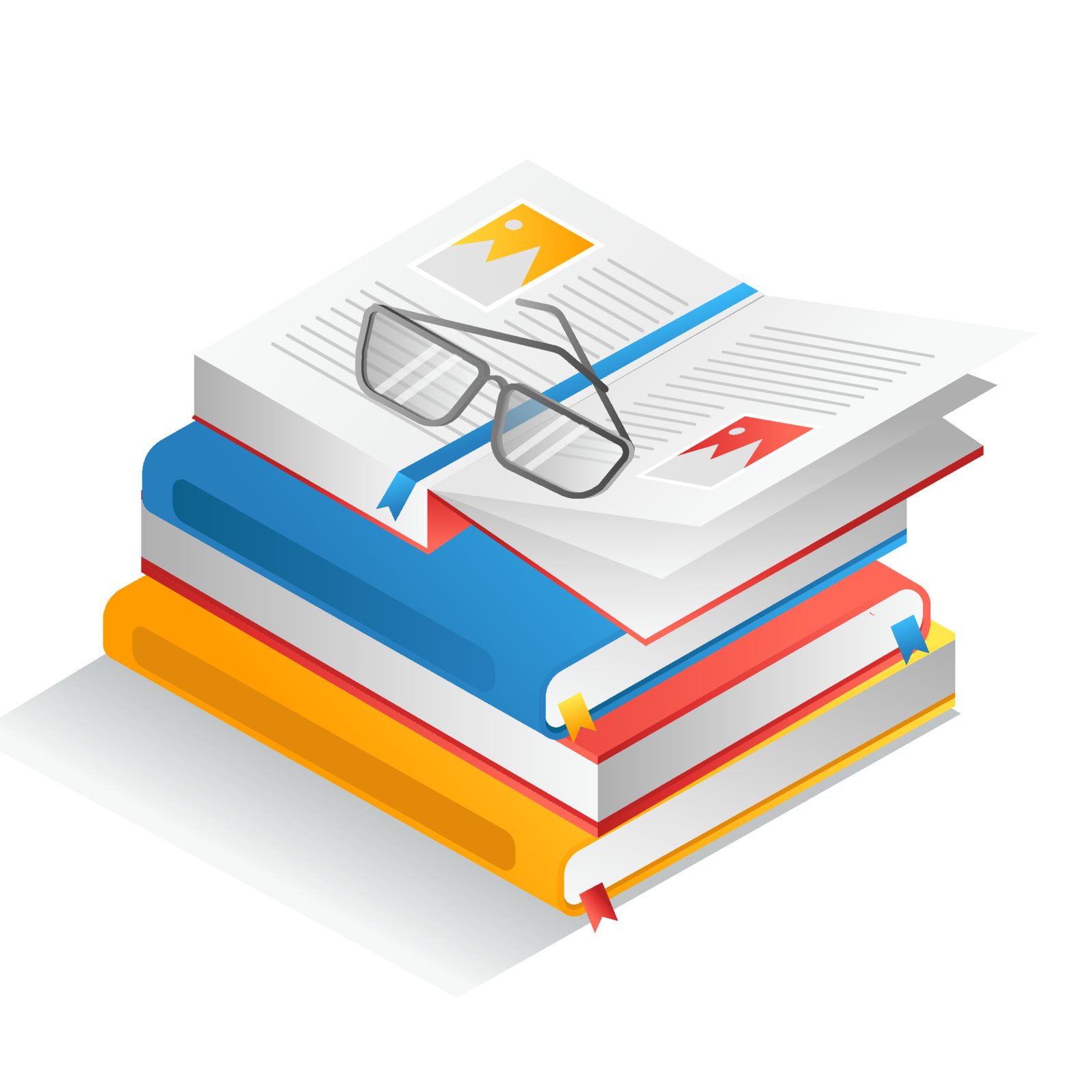 Flat isometric illustration concept. glasses on a pile of student books
